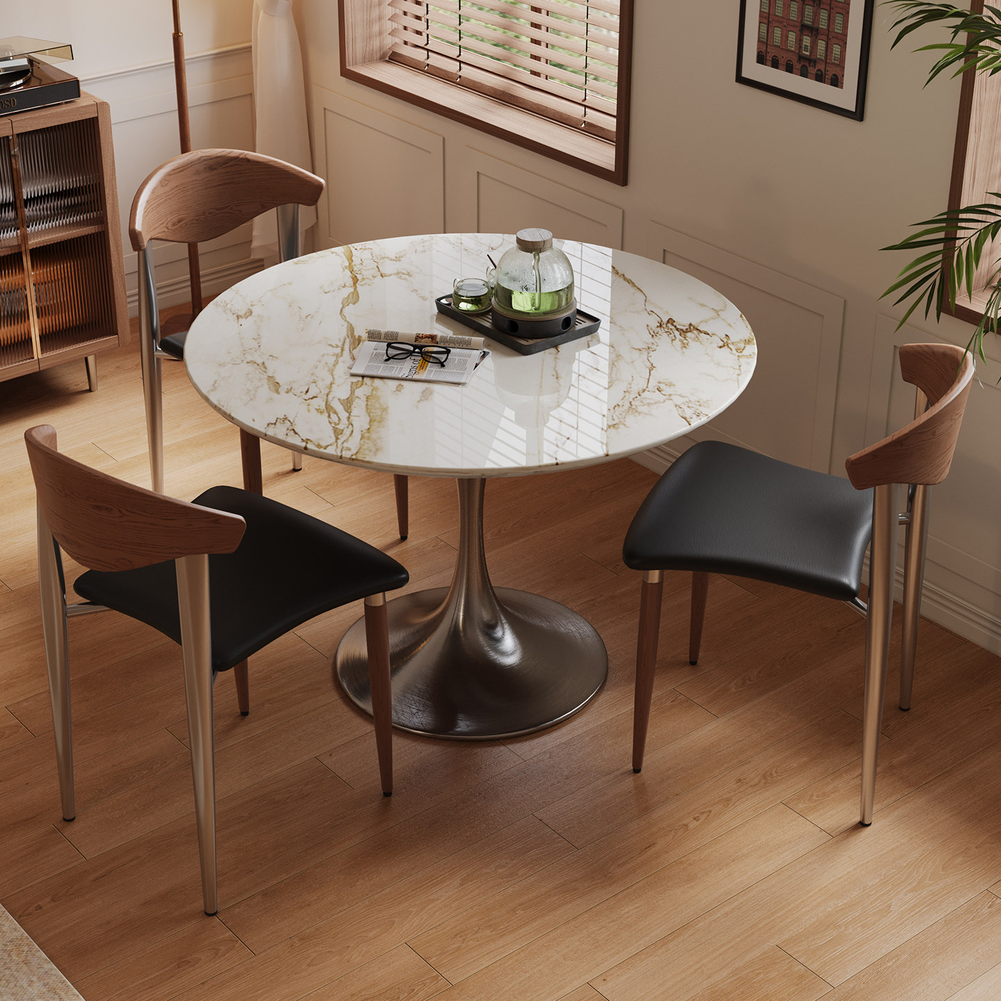 宝格丽金天然奢石餐桌家用别墅大平层大理石圆桌轻奢高端定制