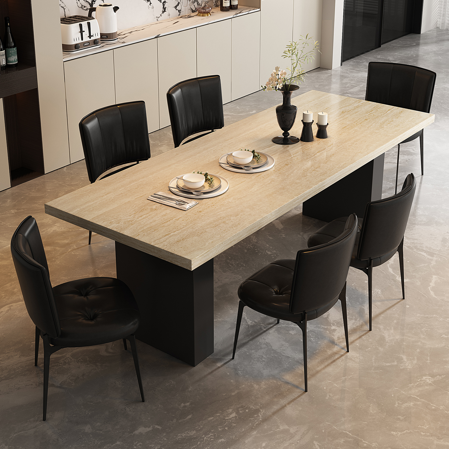 9001纯黑双脚洞石台面岩板餐桌