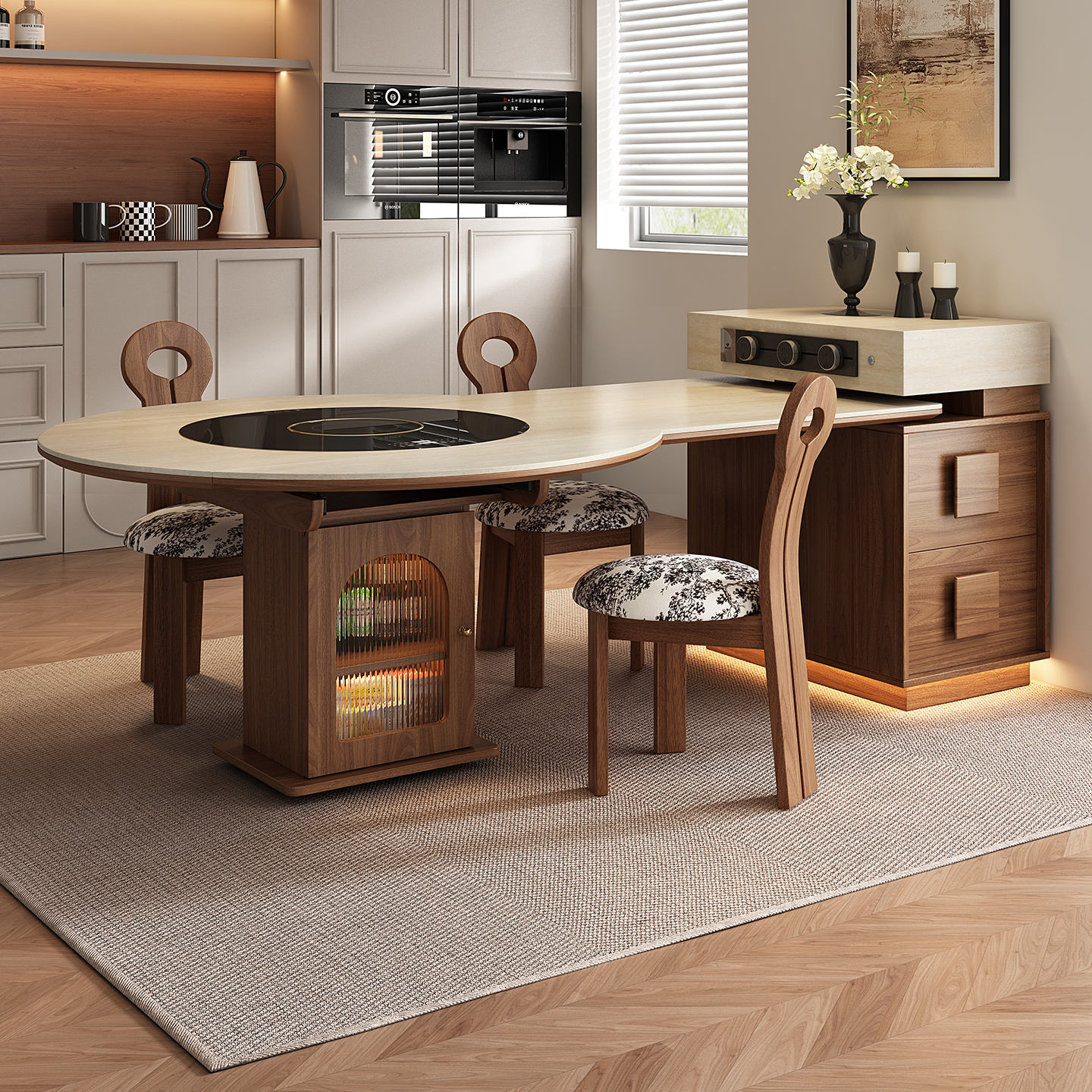 新款中古风圆形岛台餐桌一体家用客厅可伸缩小户型厨房多功能导台