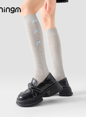 柠萌少女Lolita Argyle 竖纹蝴蝶结袜子女压力小腿堆堆袜学院风