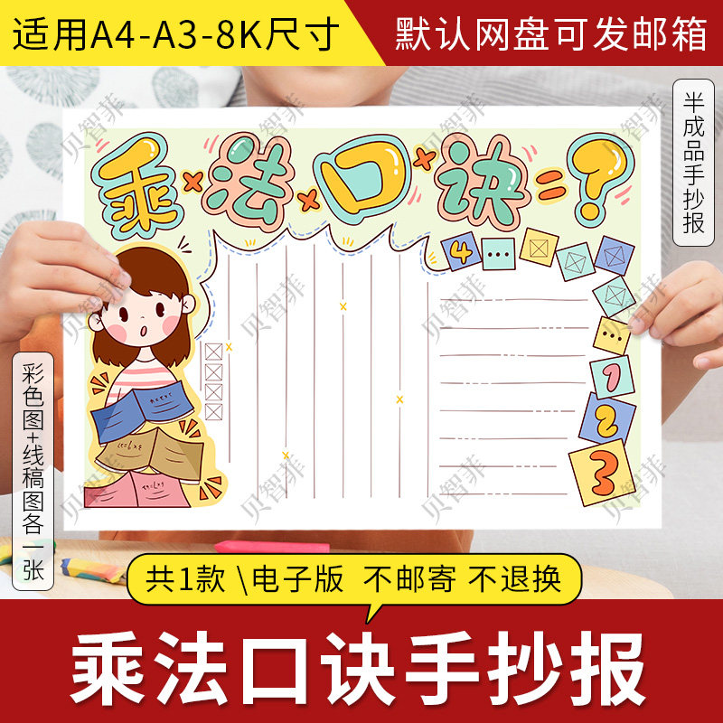 乘法口诀表手抄报模板小学生二年级数学九九乘法口诀表格手抄小报