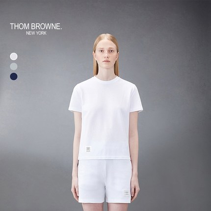 THOM BROWNE 女士条纹纯棉珠地纽扣短袖T恤