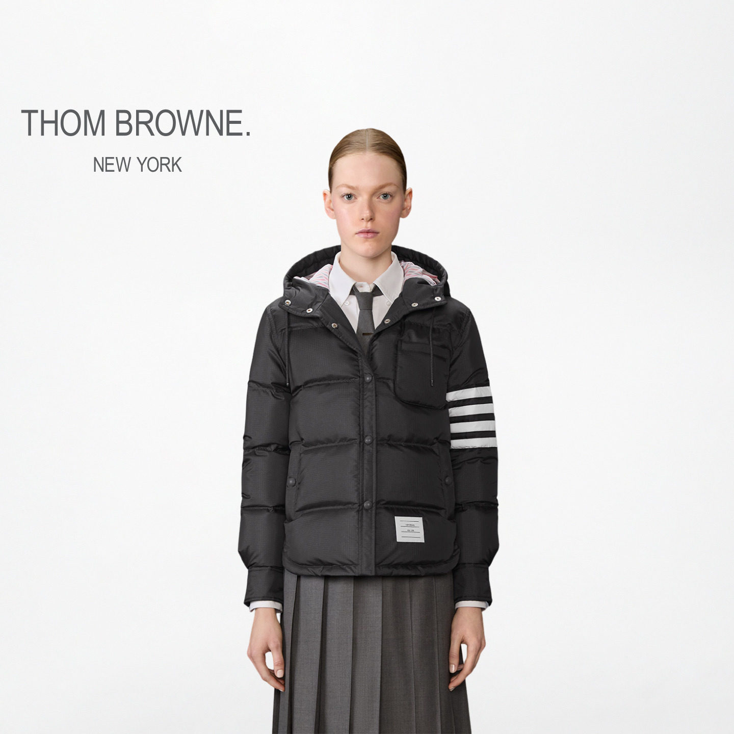 [12期免息][冬季新品]THOM BROWNE 女士四条纹连帽羽绒服