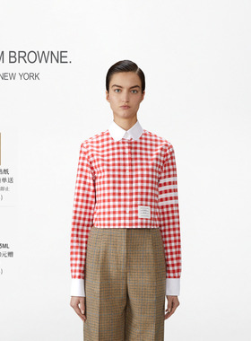 [6期免息]THOM BROWNE女士四条纹红色长袖格纹衬衫