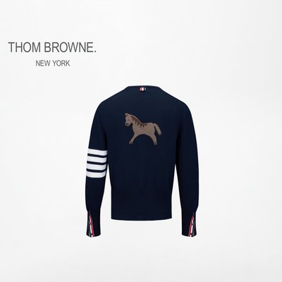 [新年系列]THOM BROWNE冬季新品 男女同款羊毛V领马图案嵌花开衫