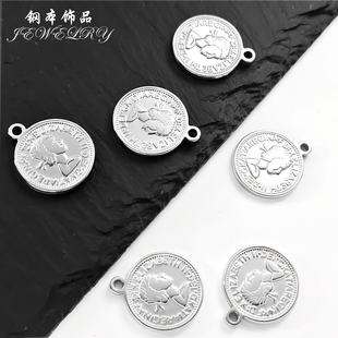 钢本饰品 英国6便士复古钱币吊坠 精美diy毛衣链项链不锈钢挂件