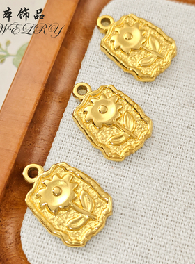 钢本饰品 精工不锈钢向日葵方牌吊坠diy时尚毛衣链挂饰太阳花坠子