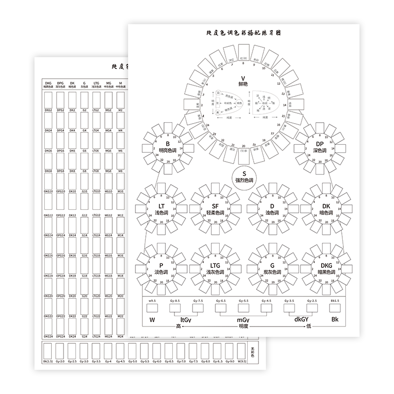 日本色研pccs色调图纯度黑白灰199a色相环教具挂图美甲服装色彩搭配练习空表格识色认色比色cmyk四色印刷标准