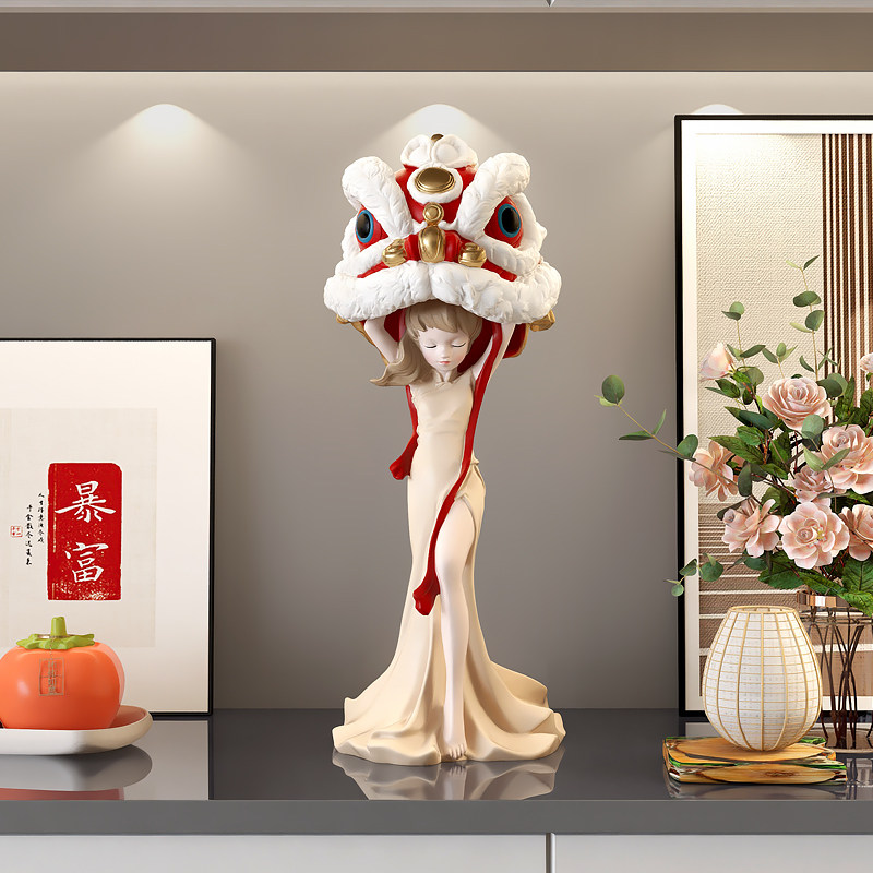 红色国潮醒狮女孩客厅摆件高级感小众电视柜玄关公仔装饰品礼物,家居饰品,装饰摆件,淘宝优惠券,粉丝福利购,淘宝优惠卷