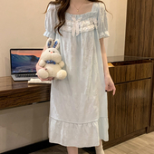 蓝色带胸垫公主风中长款 短袖 云朵棉2026新款 薄款 睡衣裙 睡裙女夏季