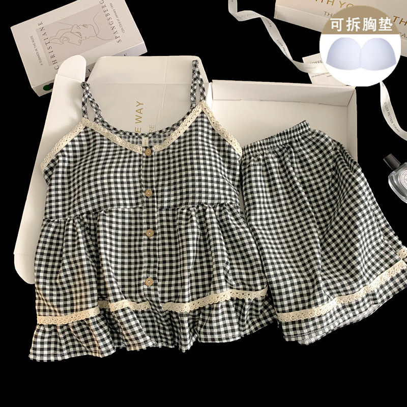 性感吊带睡衣女款2025新款夏季带胸垫黑色格子夏天女士大码可外穿
