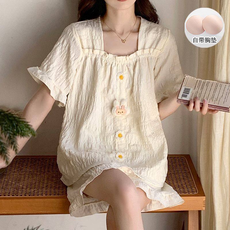 2025新款睡衣女带胸垫夏季短袖梭织棉甜美风少女可外穿家居服套装,女士内衣/男士内衣/家居服,睡衣/家居服套装,淘宝优惠券,粉丝福利购,淘宝优惠卷
