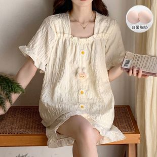 2025新款 睡衣女带胸垫夏季 短袖 梭织棉甜美风少女可外穿家居服套装