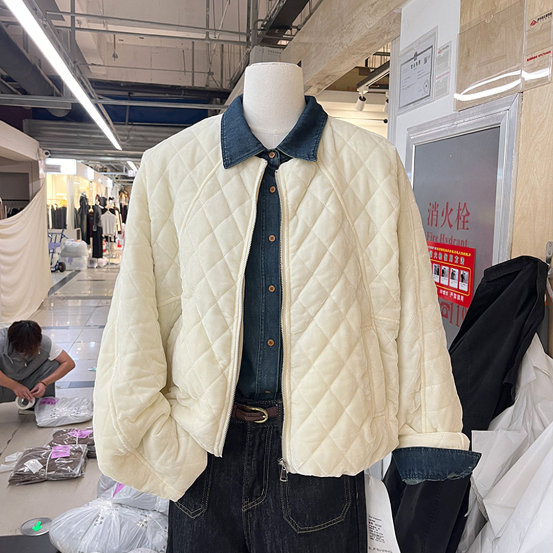 韩系短款棉服金丝绒棉衣外套女2024新款冬季小个子菱形格棉袄上衣