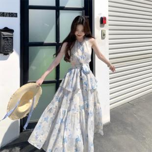 复古油画风吊带甜美碎花连衣裙新款 一罐杏仁桃法式 高级感海边度假