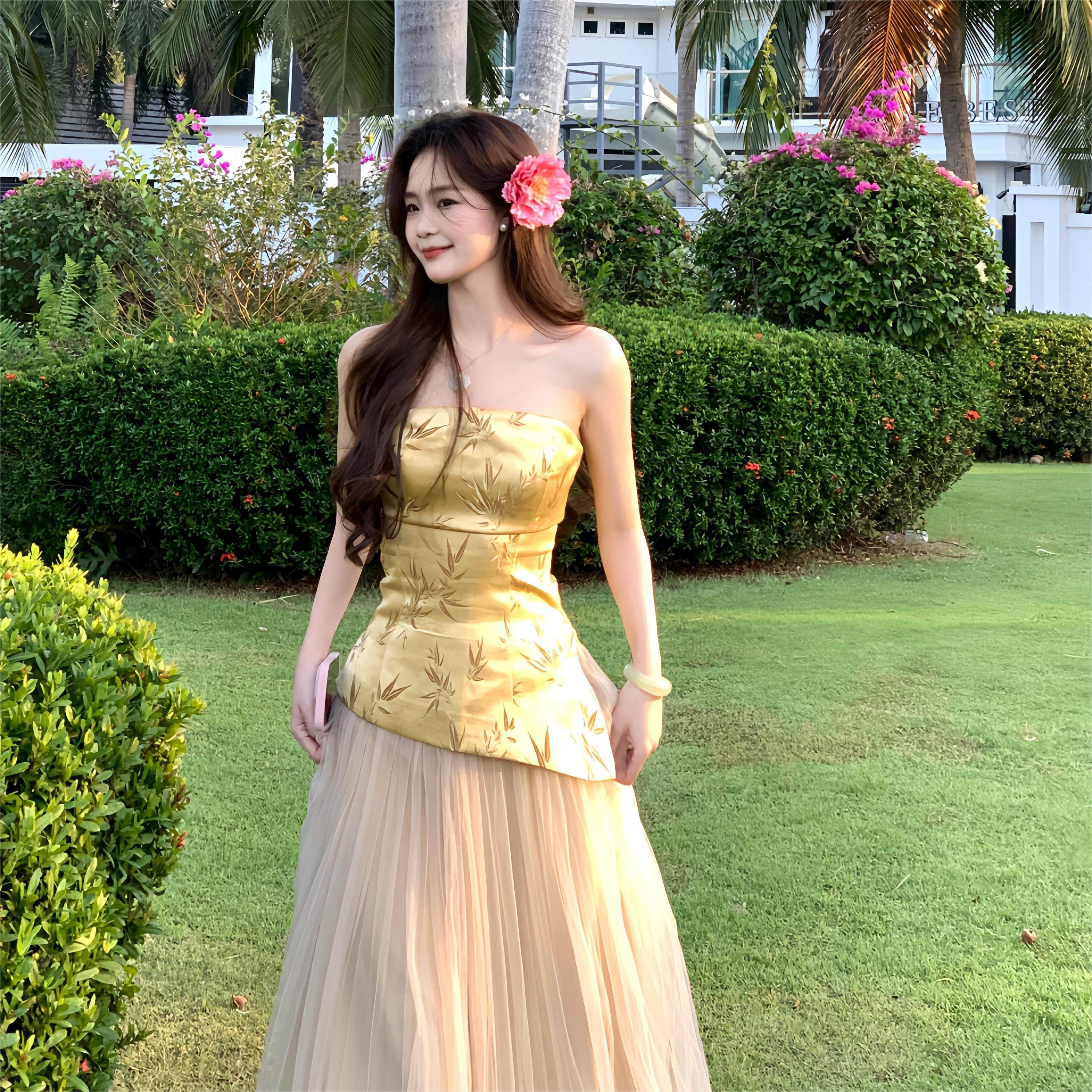 一罐杏仁桃新中式复古风高级感轻奢竹叶印花抹胸女气质不规则背心,女装/女士精品,抹胸,淘宝优惠券,粉丝福利购,淘宝优惠卷