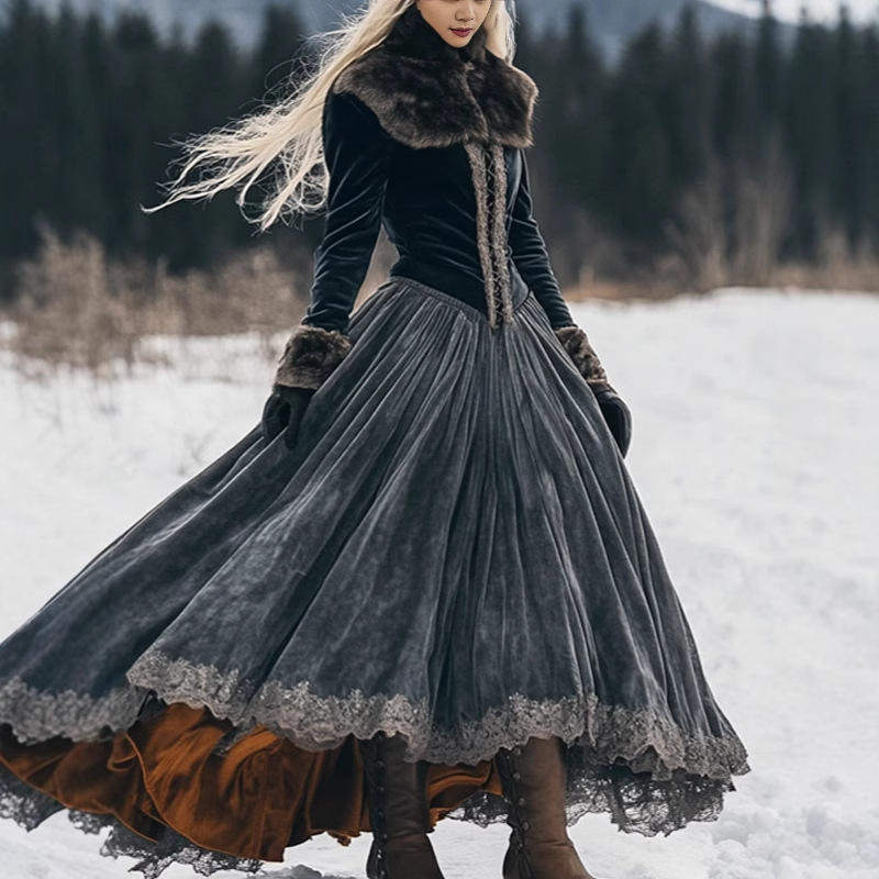 2025欧美 独立站 亚马逊 长袖 金丝绒毛领花边长款连衣裙大衣单件