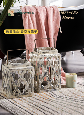 Hermoso方形空心香薰蜡烛风灯烛台烛台陶瓷空心罐覆古旧铁框架