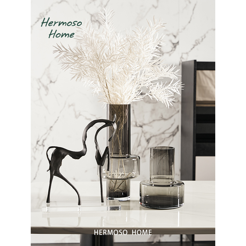 HERMOSO 现代Glass Vase灰色玻璃花瓶摆件客厅插花干花酒柜样板间