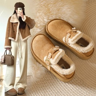 加厚保暖毛毛鞋 冬季 防水防滑厚底雪地靴 女2025新款 真皮加绒勃肯鞋
