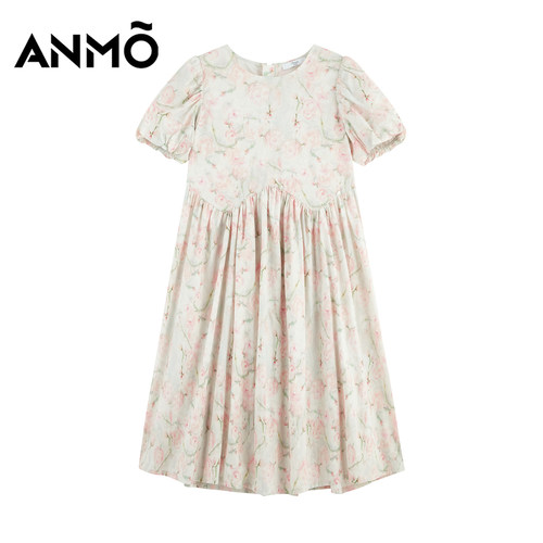 ANMO安墨女童短袖连衣裙夏季新品法式甜美碎花气质纯棉亲肤裙装