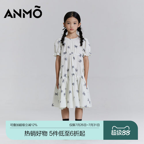 ANMO安墨女童短袖连衣裙夏季新品简约蝴蝶结甜美风裙装纯棉舒适