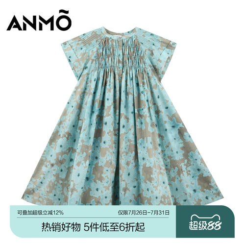 ANMO安墨短袖连衣裙夏季新款森系碎花甜美纯棉棉质中大童裙装