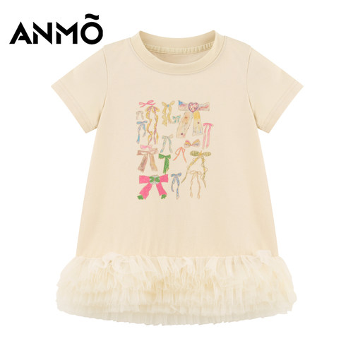 【小童】ANMO安墨女童短袖长T裙夏季新品蝴蝶结印花网纱下摆长T裙