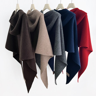 冬季新款含羊毛针织毛线三角带帽纯色大披肩保暖帽子围巾披肩一体