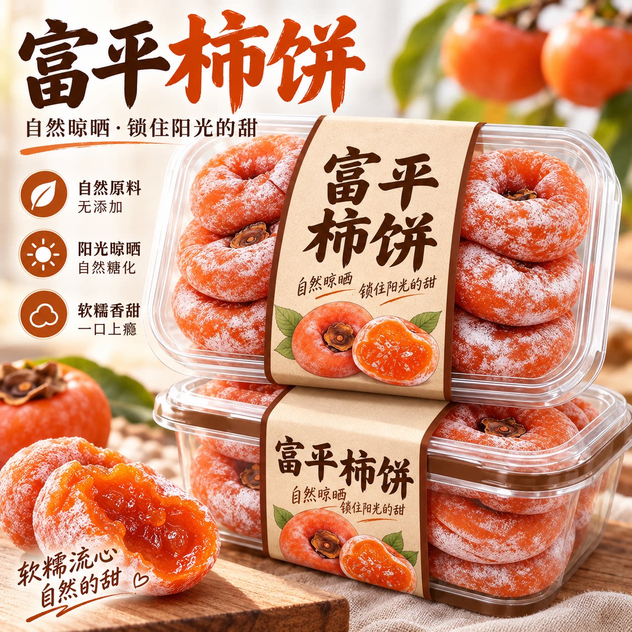 正宗富平柿子干流心圆柿饼陕西特产柿子饼吊柿饼果干蜜饯休闲零食