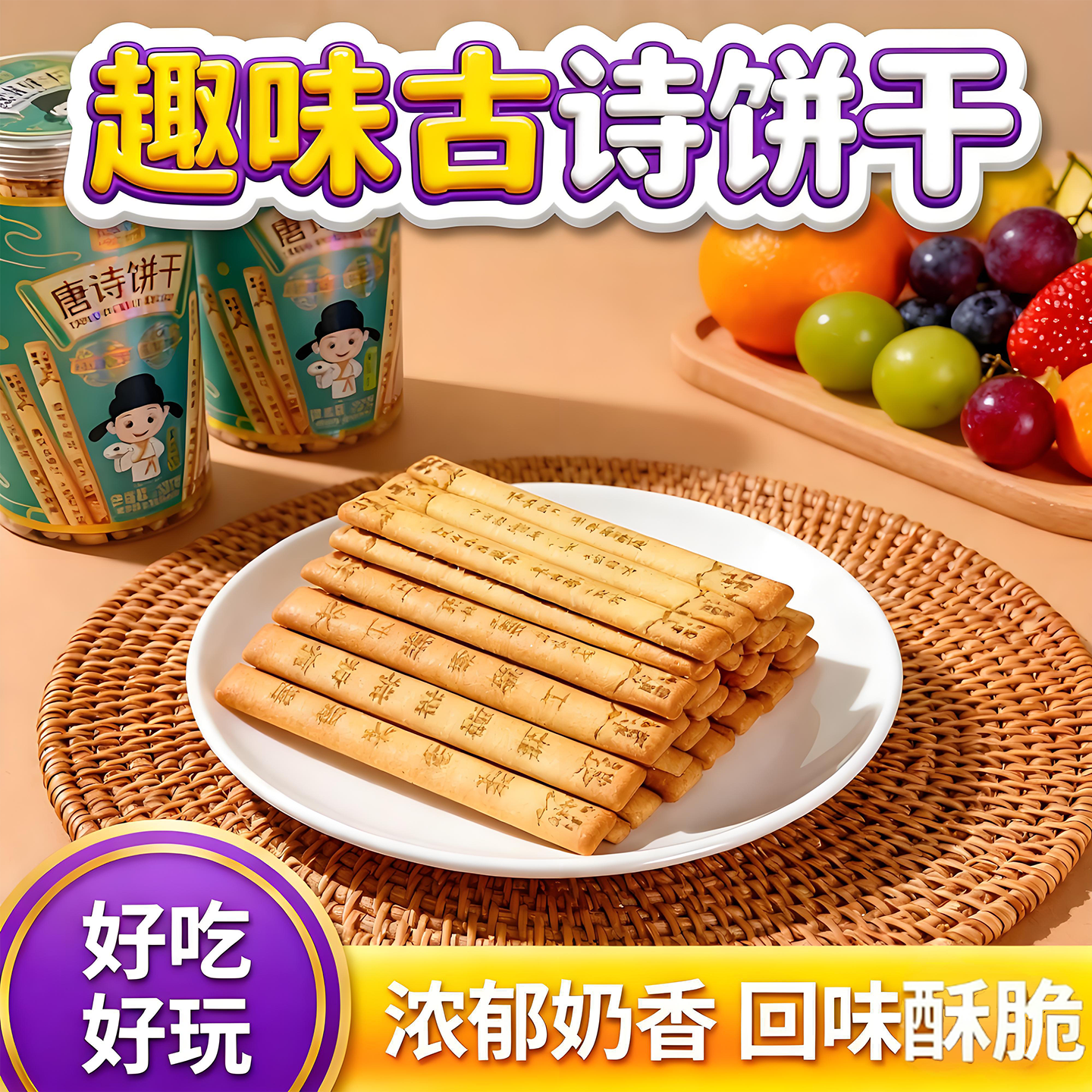 唐诗饼干识趣古诗黄油饼干无添加好玩儿童学生早教益智趣味小零食