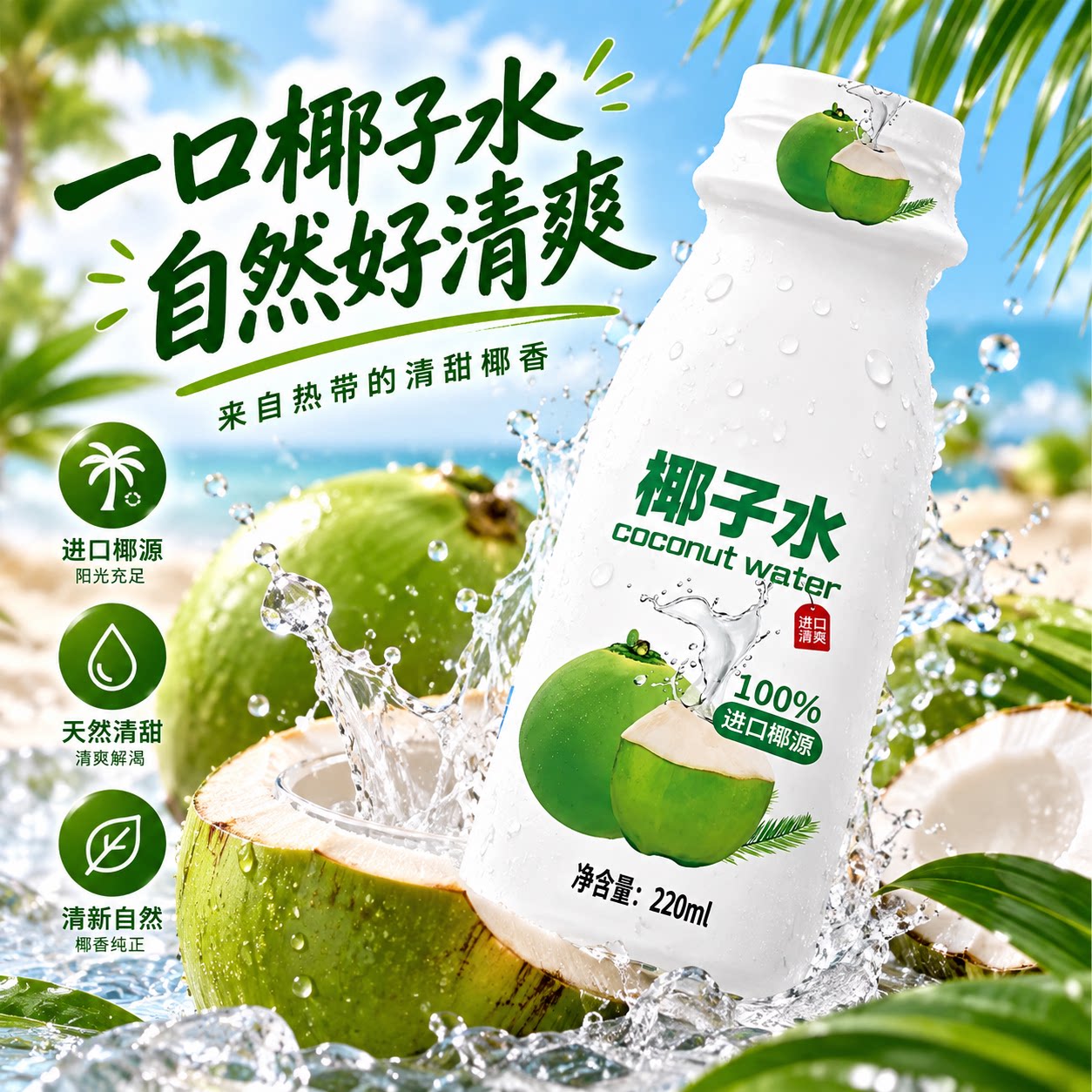 冰爽冷藏椰子水清润口感清爽天然