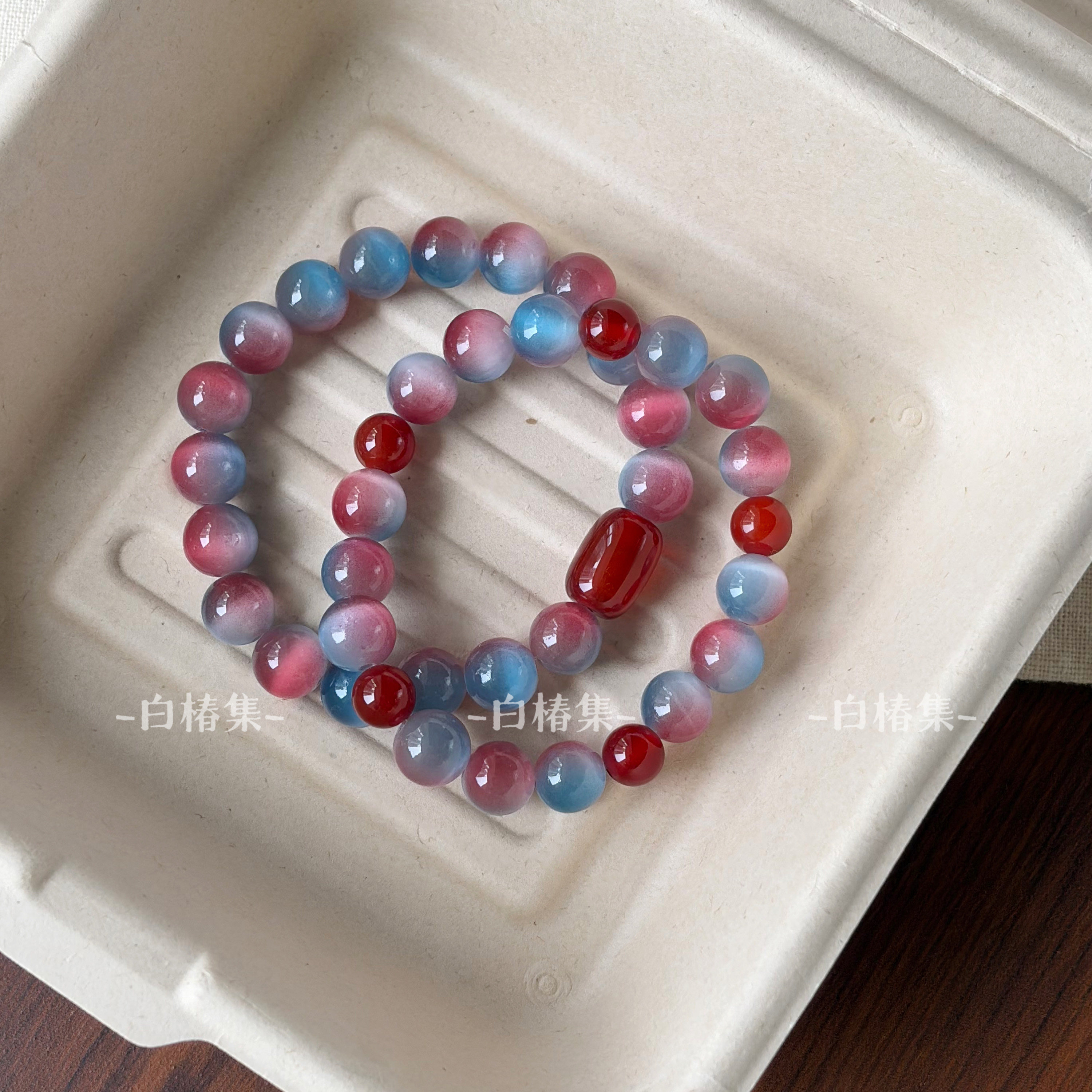 冰透清冷感红蓝晕染猫眼石串珠手链小众设计高级感玛瑙叠戴手串女