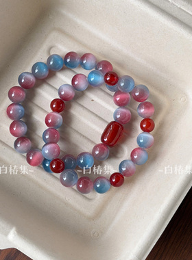 冰透清冷感红蓝晕染猫眼石串珠手链小众设计高级感玛瑙叠戴手串女