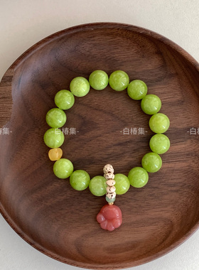 「桃红柳绿」新中式橄榄绿玉髓串珠手链小众设计感粉玛瑙吊坠手串