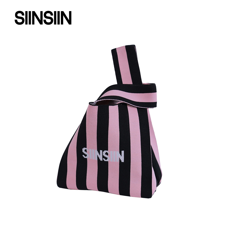 SIINSIIN粉黑条纹包针织撞色包手腕包伴手礼手提包礼品袋小拎包女