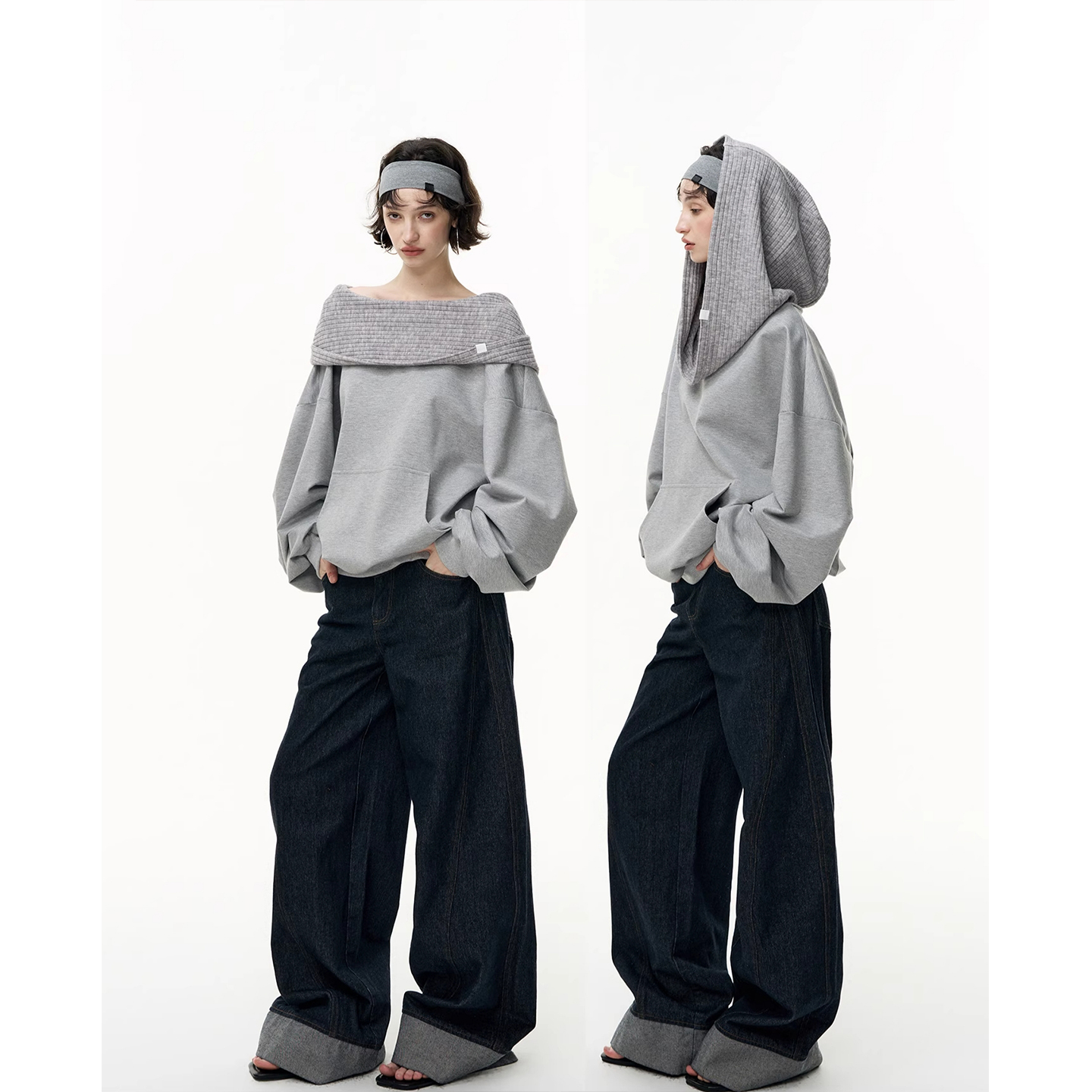 白色玫瑰一字领宽松套头连帽卫衣