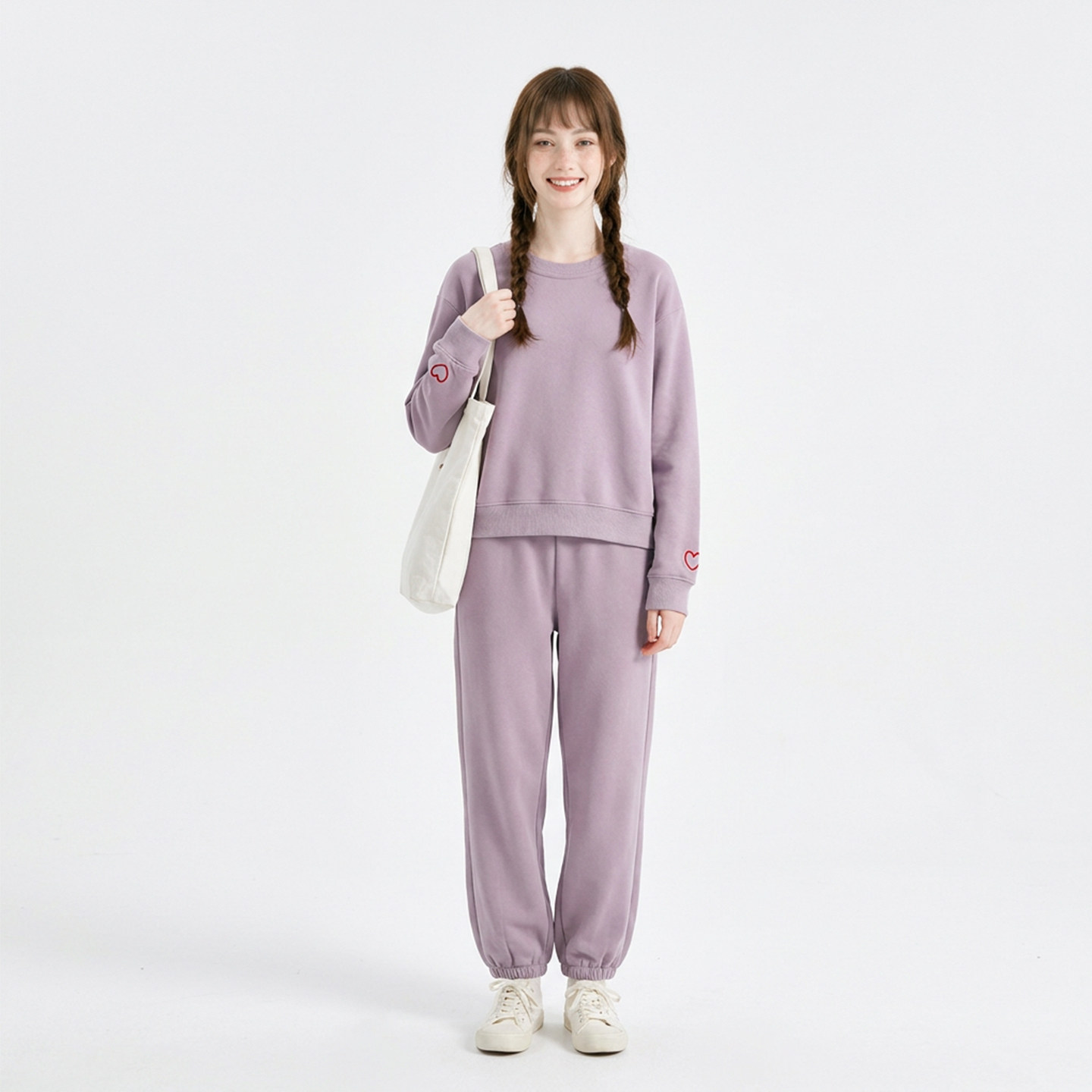春秋季女装圆领粉色卫衣长裤套装
