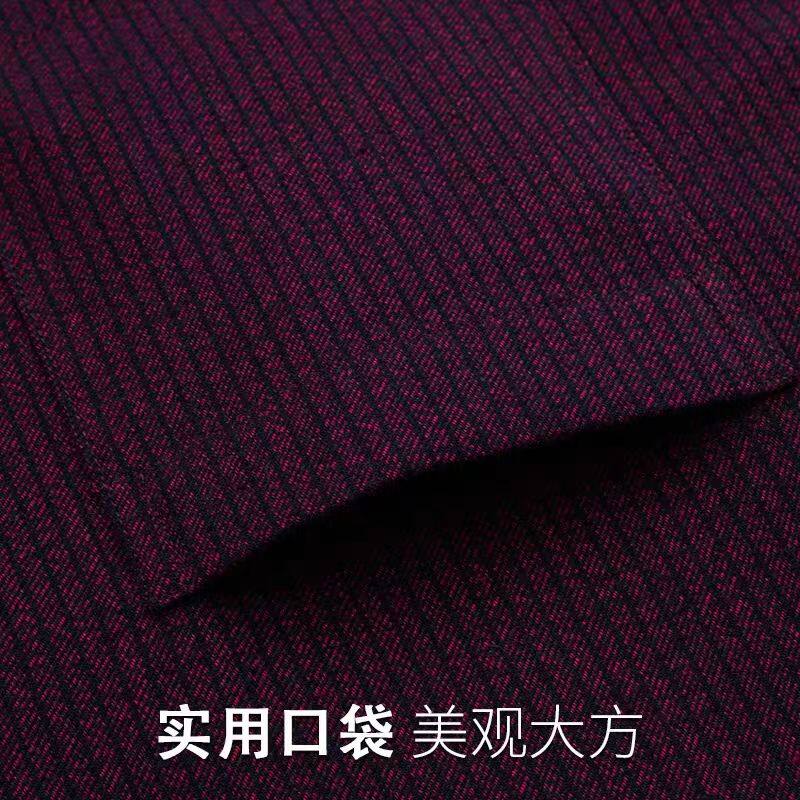 纯棉长袖衬衫男红色竖条纹春秋季休闲中年爸爸高档全棉衬衣