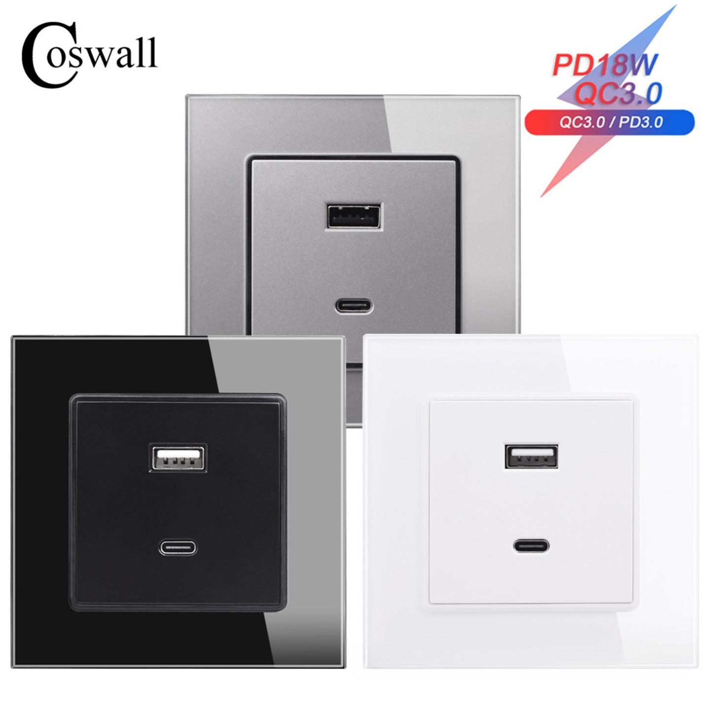 Type-C接口插座18W 3000mA智能快速充电 PC 玻璃面板通用墙壁插座