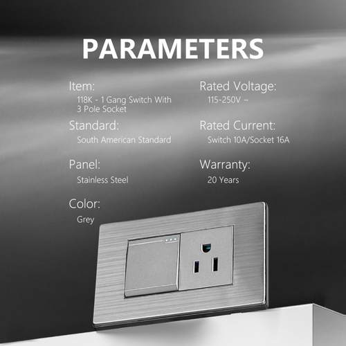 南美开关插座118K不锈钢面板一位开关加美式扁三孔一开单双控16A