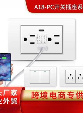 118型开关插座白色PC面板 墙壁泰式六孔插座 台湾插座带20Wtype-c