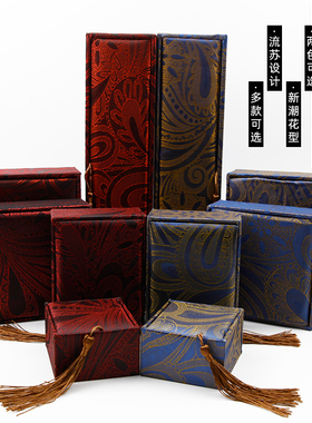 文玩首饰盒流苏盒珍藏品亚麻布佛珠手镯戒指手串木盒子包装中国风