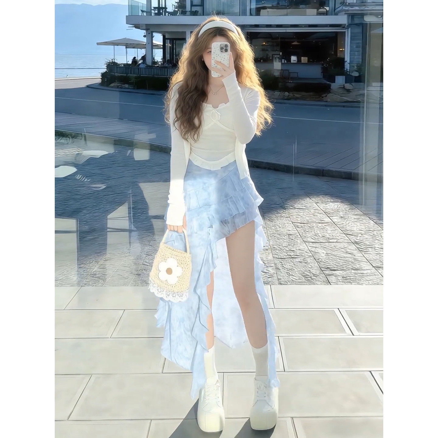 早春漂亮蓝色连衣裙子女装夏季2026新款小个子穿搭不规则长裙套装