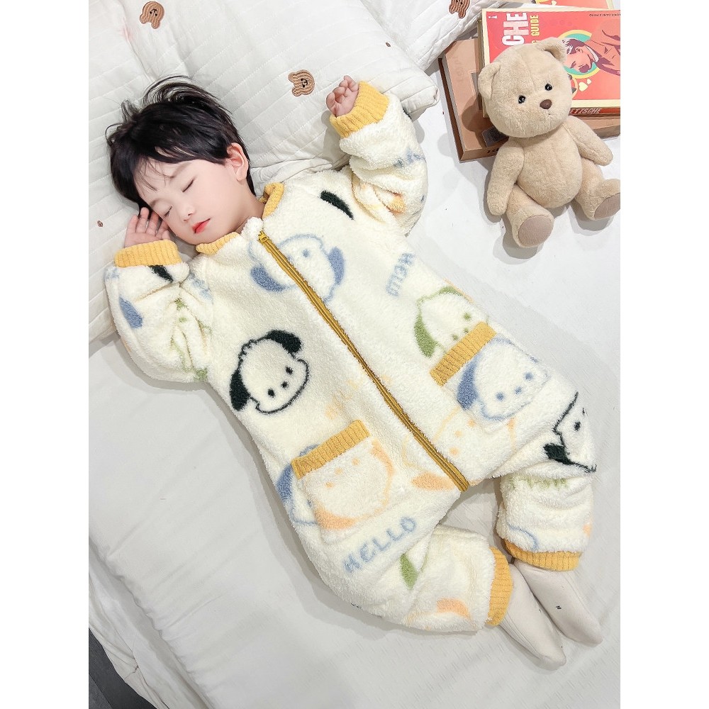 全棉纯棉儿童连体睡衣秋冬季法兰绒加厚男孩婴儿宝宝睡袋男童珊瑚
