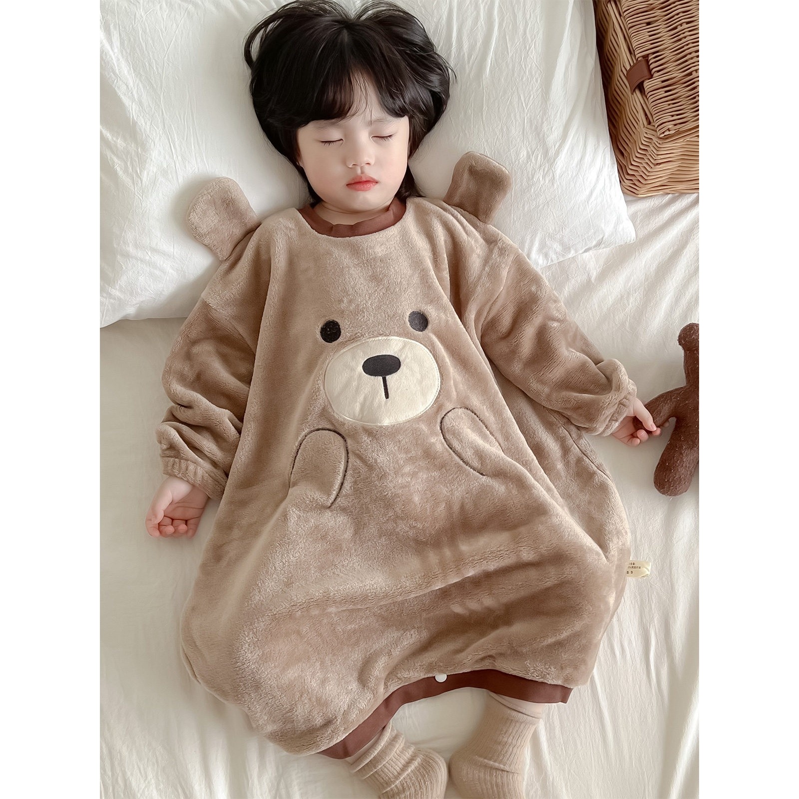 全棉纯棉婴儿法兰绒睡袋秋冬季加厚保暖儿童连体睡衣宝宝防踢被珊