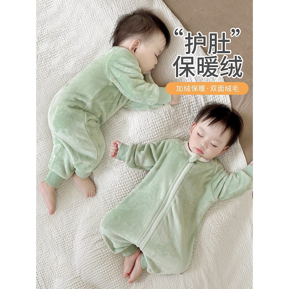 全棉纯棉婴儿睡衣秋冬季睡袋男宝宝小月龄冬天珊瑚绒男童加厚连体