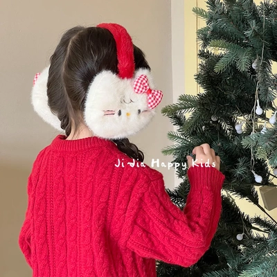 可爱kt猫咪毛绒耳罩甜美红色蝴蝶结保暖耳套秋冬可折叠防寒耳包