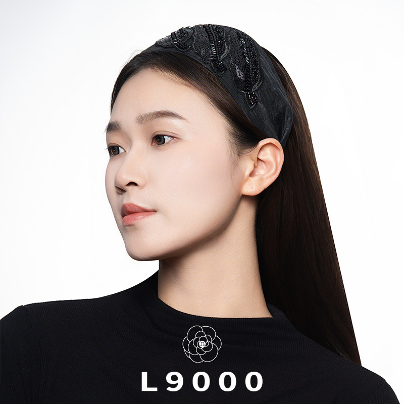 L9000/原创手工串珠宽边发箍女黑色精致亮片羽毛形发卡遮白发头饰