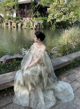 吊带连衣裙女夏新中式旗袍复古女装禅意国风晨袍仙女网纱抹胸裙子